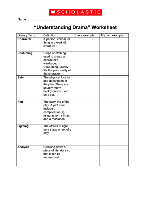 Understanding Drama Worksheet Printable pdf