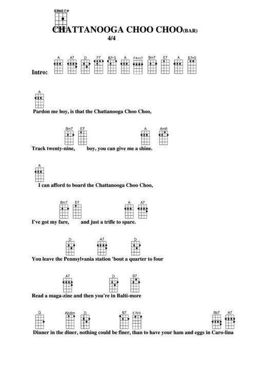 Chattanooga Choo Choo (Bar) Chord Chart Printable pdf