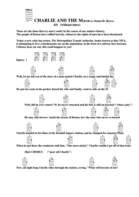 Charlie And The M.t.a. (Bar) - J. Steiner/b. Hawes Chord Chart Printable pdf