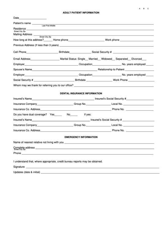 Adult Patient Information Form Printable pdf