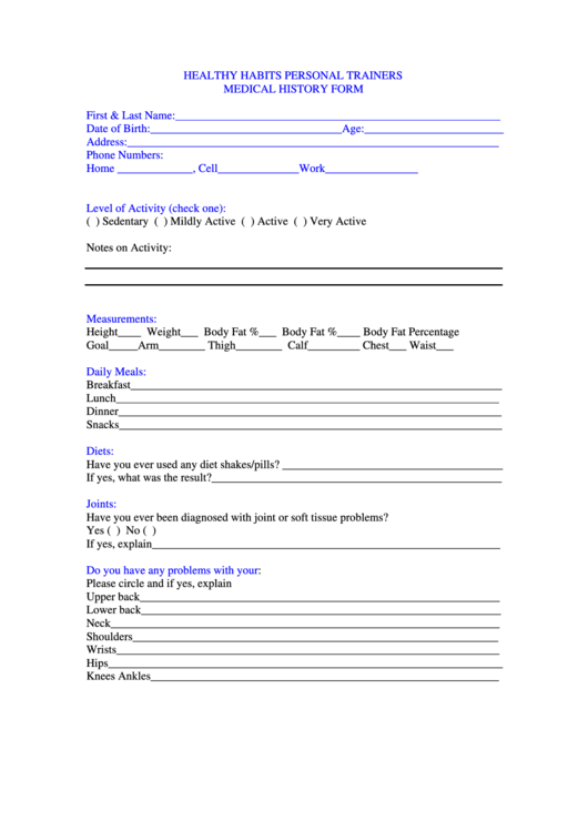 Healthy Habits Personal Trainers Medical History Form Printable pdf
