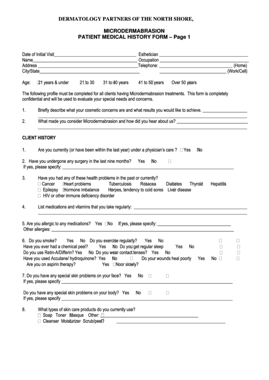 Microdermabrasion Patient Medical History Form Printable pdf