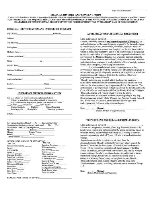 Medical History And Consent Form Printable pdf