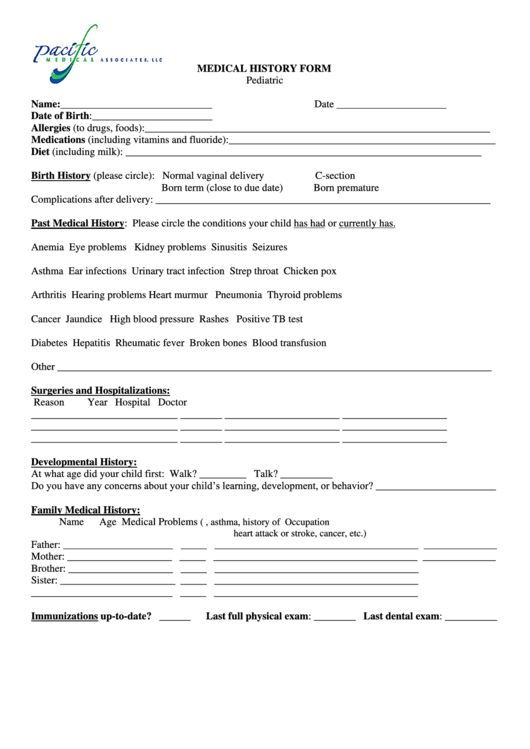 Medical History Form - Pediatric Printable pdf