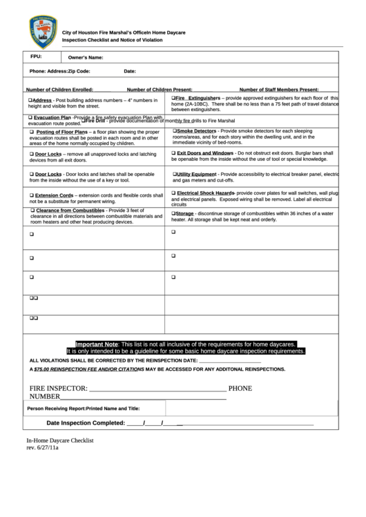 Inspection Checklist And Notice Of Violation Printable pdf