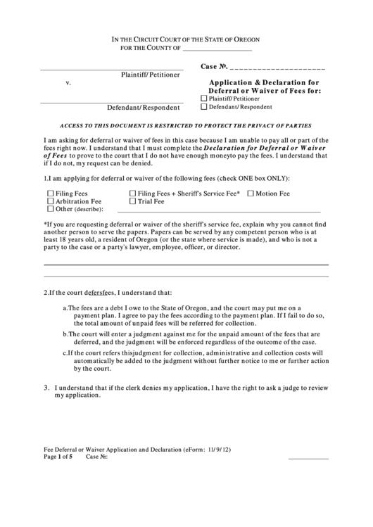 Application & Declaration Form For Deferral Or Waiver Of Fees Printable pdf