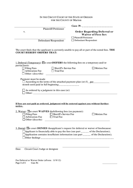 Order Regarding Deferral Or Waiver Of Fees Printable pdf