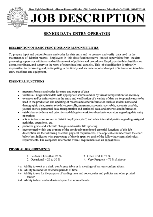 Senior Data Entry Operator Job Description Printable pdf