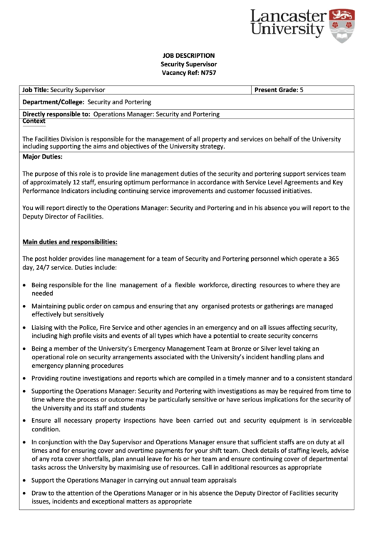 Job Description Security Supervisor Printable pdf