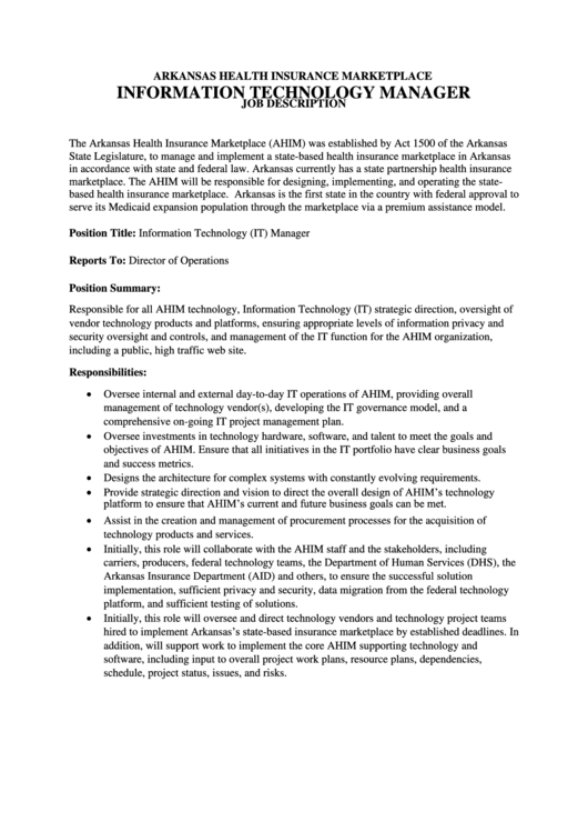 Arkansas Health Insurance Marketplace Information Technology Manager Job Description Printable pdf