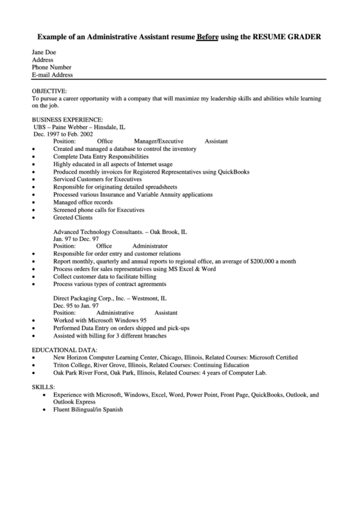 Example Of An Administrative Assistant Resume Before Using The Resume Grader Printable pdf
