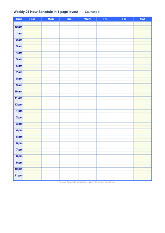 Weekly 24 Hour Schedule In 1-Page Layout Printable pdf
