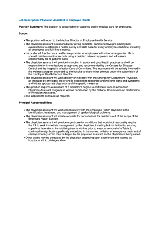 Job Description: Physician Assistant In Employee Health Printable pdf