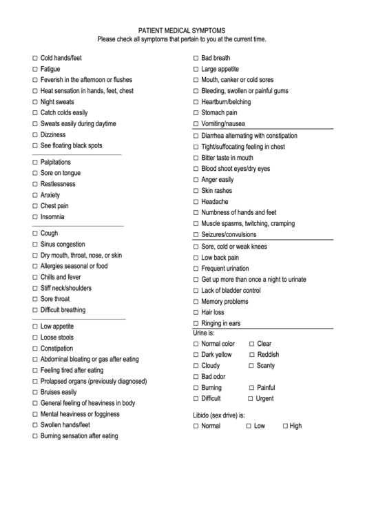 Patient Medical Symptoms Printable pdf