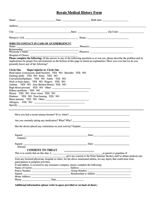 Royals Medical History Form Printable pdf
