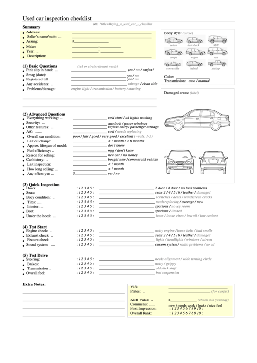 Used Car Inspection Checklist S Printable pdf