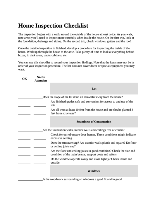 House Inspection Checklist Template Printable pdf