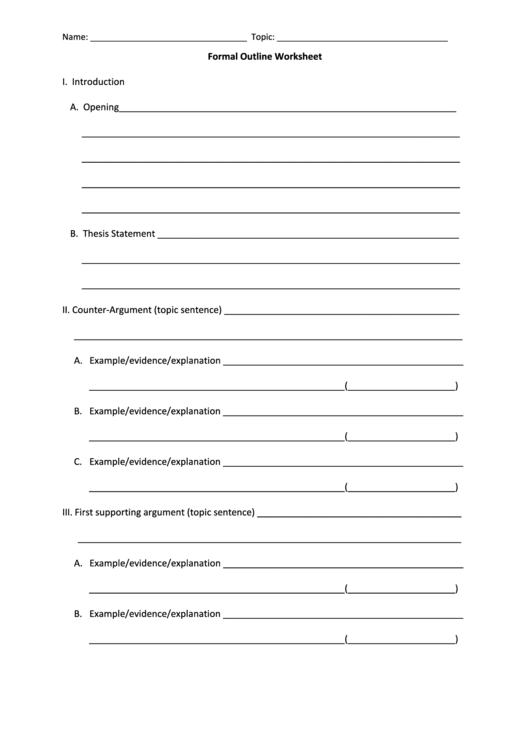 Formal Outline Worksheet Template Printable pdf