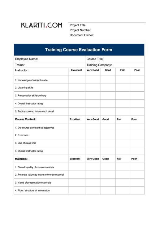 Training Course Evaluation Form Printable pdf
