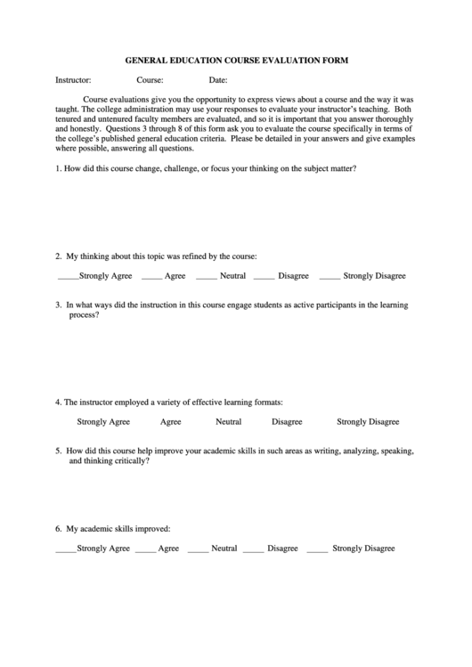 General Education Course Evaluation Form Printable pdf