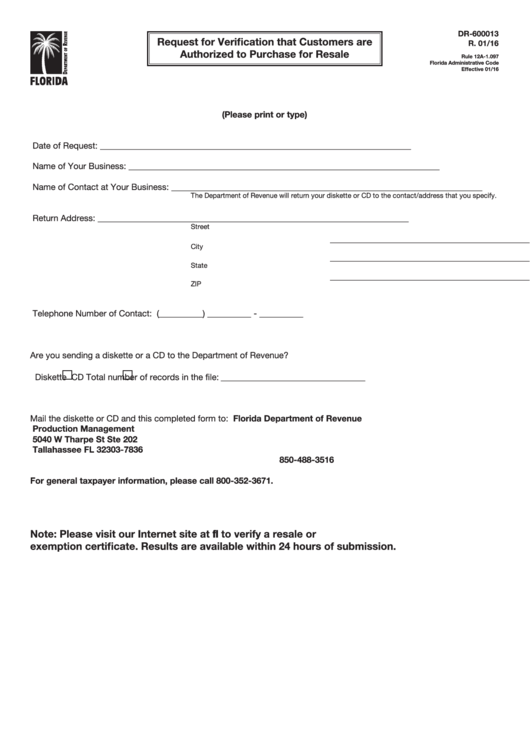 Request For Verification That Customers Are Authorized To Purchase For Resale Printable pdf
