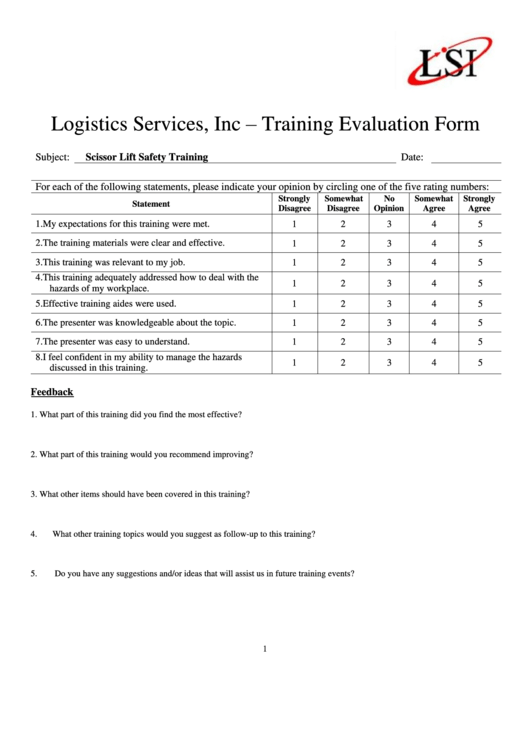 Training Evaluation Form Printable pdf