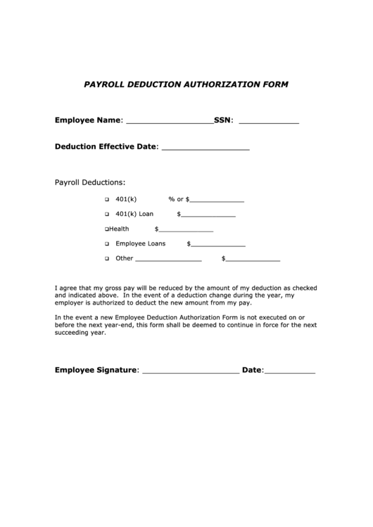 Fillable Payroll Deduction Authorization Form Printable pdf