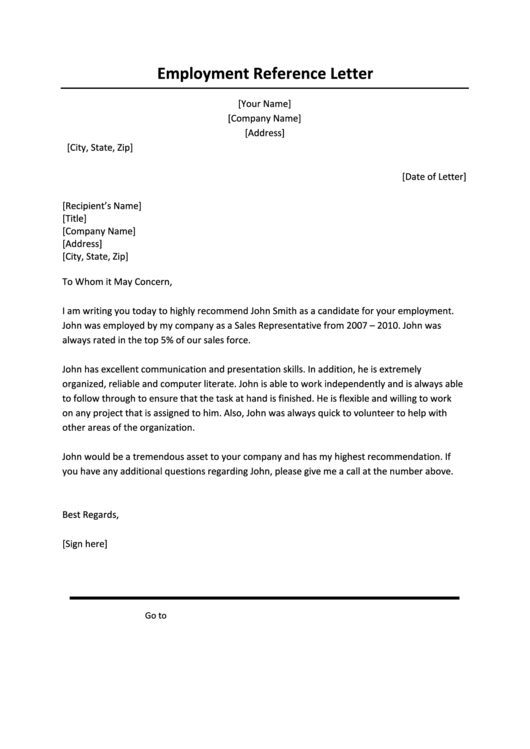 Employment Reference Letter Template Printable pdf