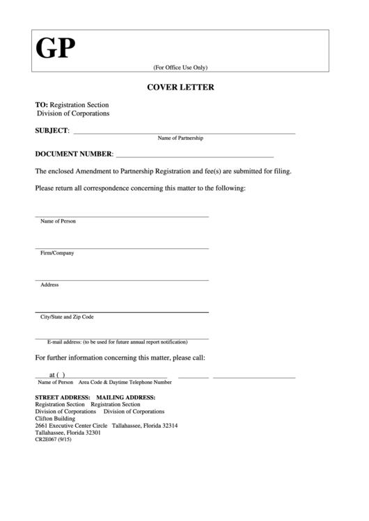 Fillable Form Cr2e067 - Amendment To Partnership Registration With Cover Letter - 2015 Printable pdf