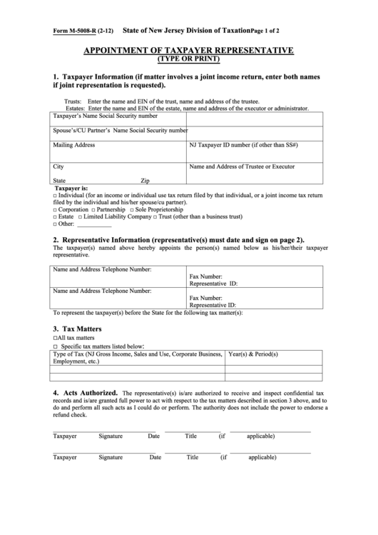 Fillable Appointment Of Taxpayer Representative Printable pdf