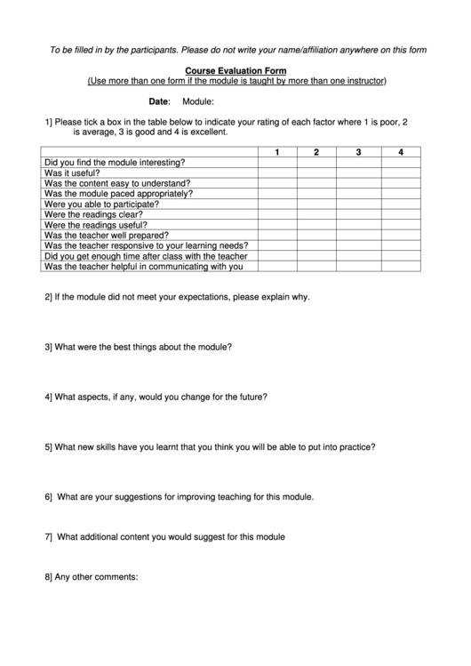 Course Evaluation Form Printable pdf