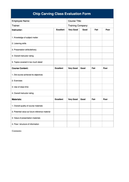Chip Carving Class Evaluation Form Printable pdf