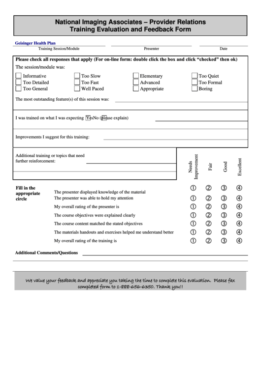 Training Evaluation And Feedback Form Printable pdf
