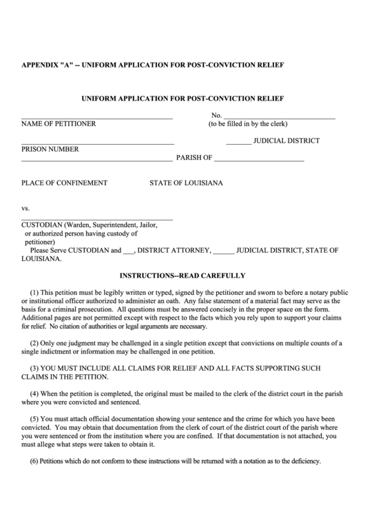 Uniform Application For Post-Conviction Relief - State Of Louisiana Supreme Court Printable pdf