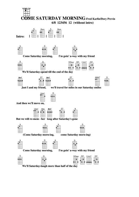 Come Saturday Morning - Fred Karlin/dory Previn Chord Chart Printable pdf