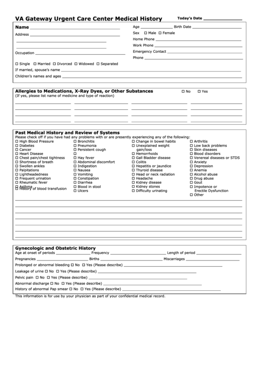 Va Gateway Urgent Care Center Medical History Printable pdf