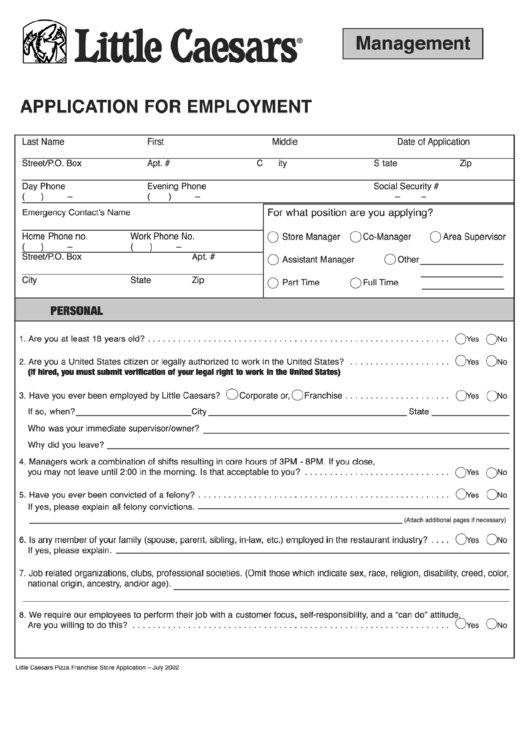 Little Caesars Application Form Printable Pdf Download