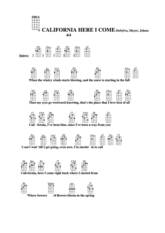 California, Here I Come - Desylva, Meyer, Jolson Chord Chart Printable pdf