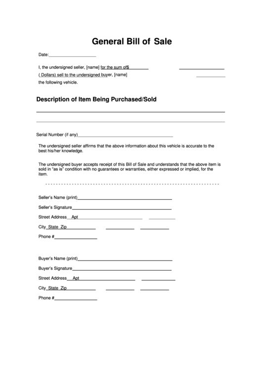 General Bill Of Sale Form Printable pdf