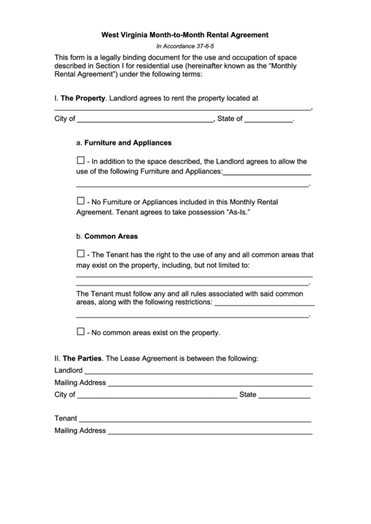 Fillable West Virginia Month-To-Month Rental Agreement Template Printable pdf