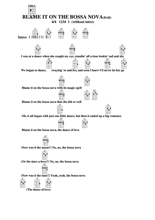 Blame It On The Bossa Nova(Bar) Chord Chart Printable pdf