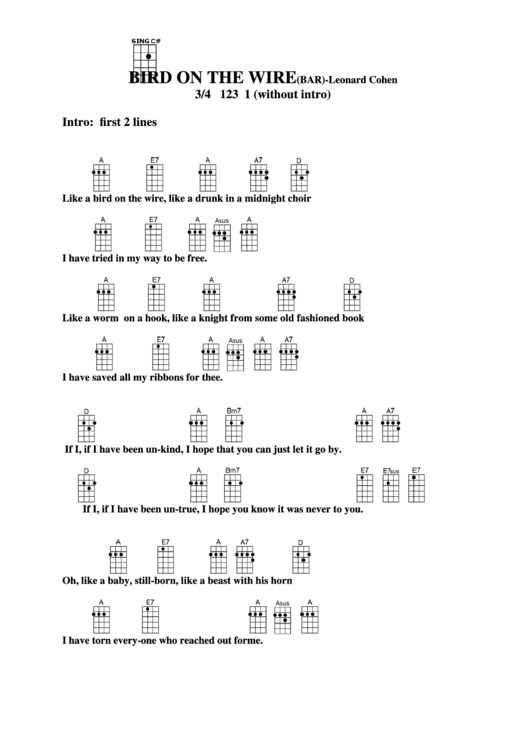 Bird On The Wire (Bar) - Leonard Cohen Chord Chart Printable pdf