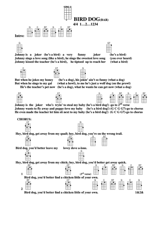 Bird Dog (Bar) Chord Chart Printable pdf