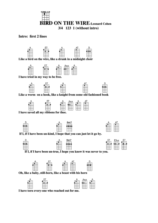 Bird On The Wire - Leonard Cohen Chord Chart Printable pdf