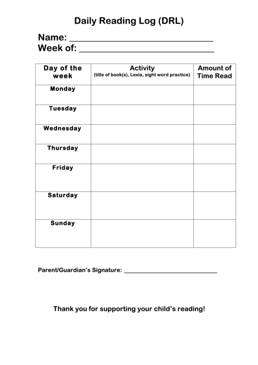 Daily Reading Log (Drl) With Parent Signature Printable pdf
