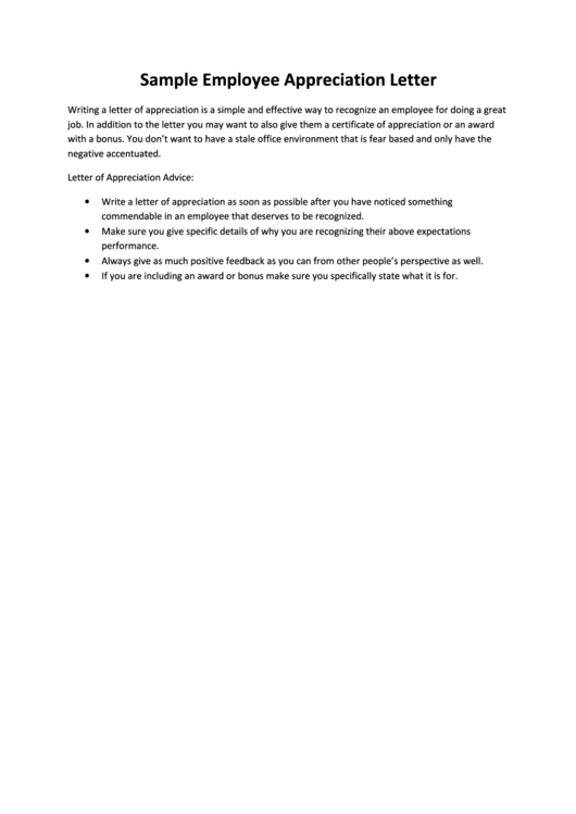 Sample Employee Appreciation Letter Printable pdf