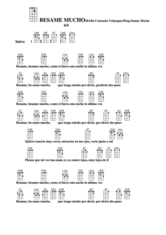 Besame Mucho (Bar) - Consuelo Velazquez/eng-Sunny Skylar Chord Chart Printable pdf