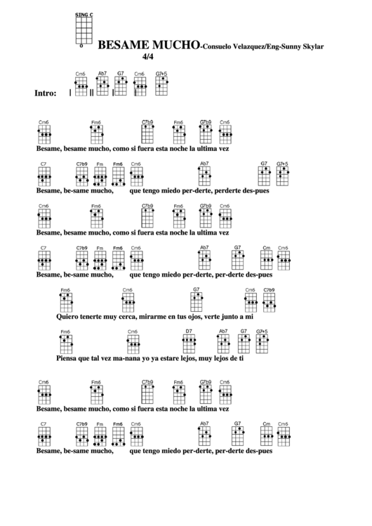 Besame Mucho - Consuelo Velazquez/eng-Sunny Skylar Chord Chart Printable pdf