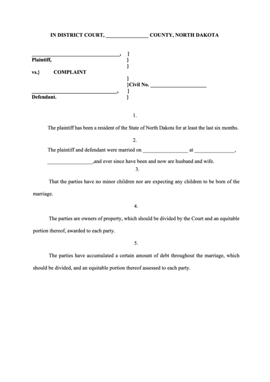 Fillable Complaint (North Dakota District Court) Printable pdf