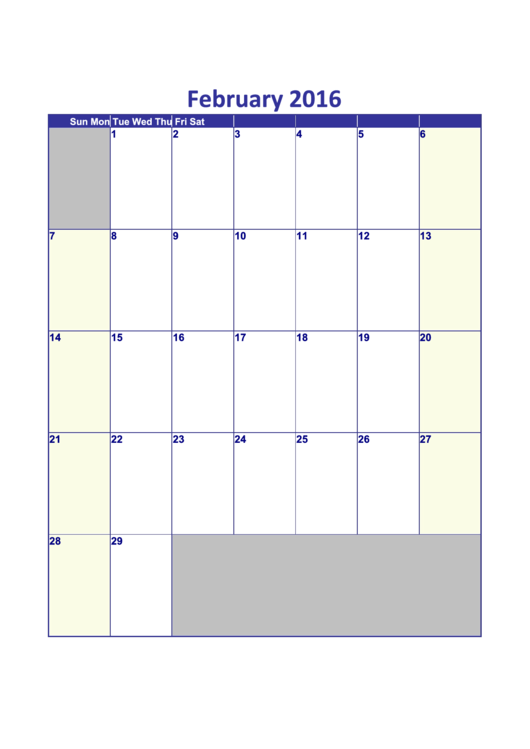 Calendar Template - February 2016 Printable pdf